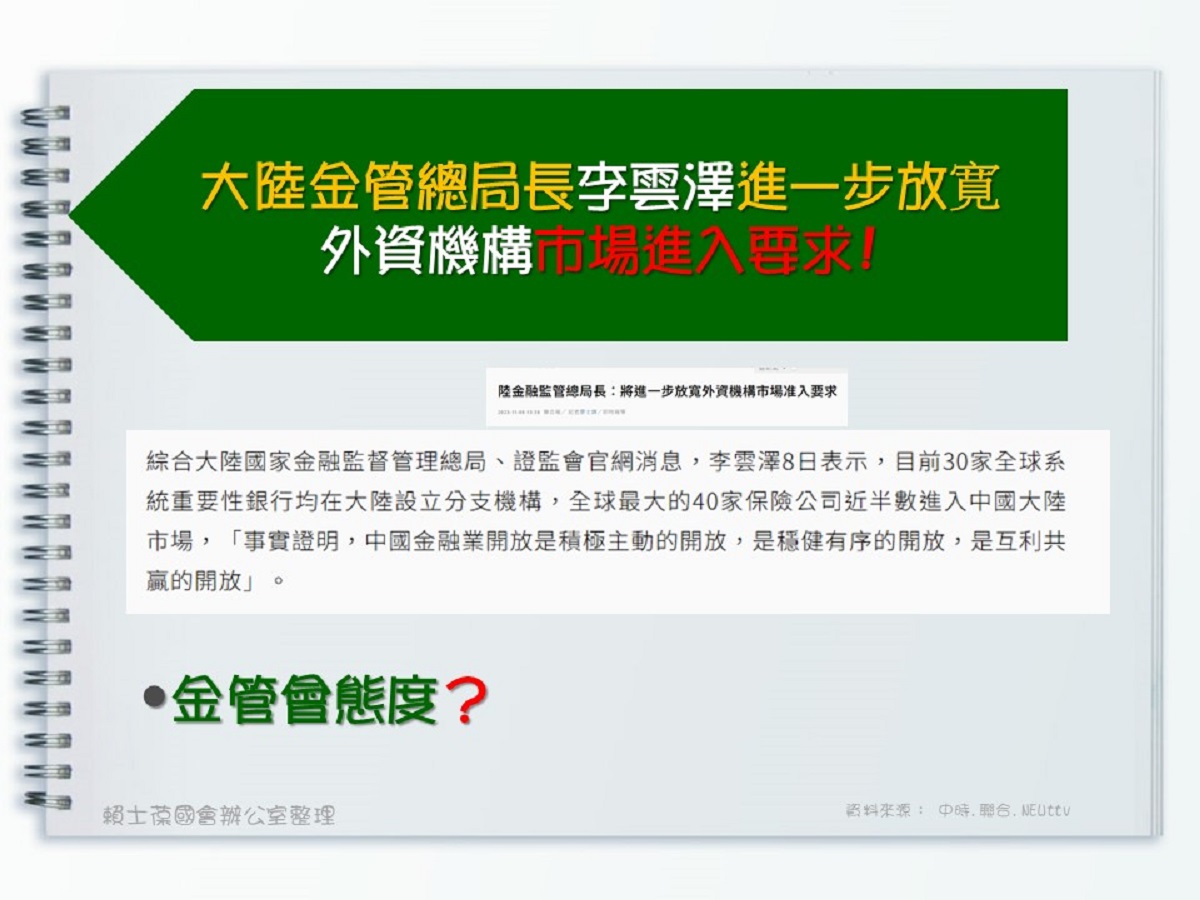 大陸金管會總局長李雲澤宣布擴大外資機構市場准入,立委賴士葆質詢是否吸納台灣金融機構投資。(圖:立委賴士葆辦公室提供)