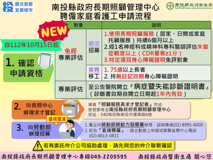 南投縣受理初次申請外籍看護工免評估及重新召募免評案有89件，佔總受理件數4成以上，相較以往成長5%。（圖：南投縣衛生局提供）